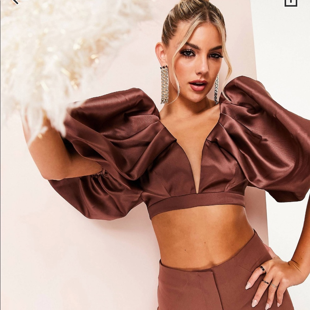 ASOS LUXE satin exaggerated puff sleeve plunge crop.